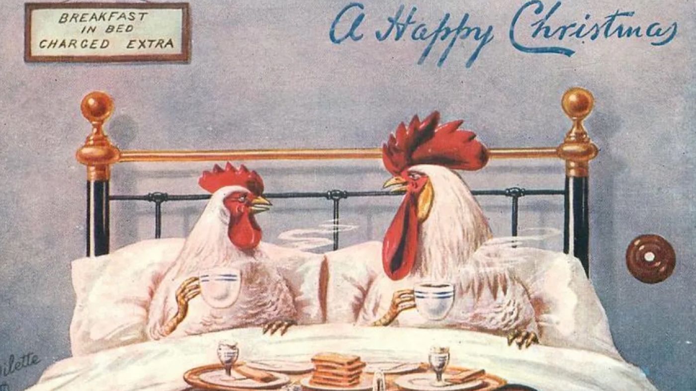 biglietto di auguri di epoca vittoriana con gallo e gallina che fanno colazione